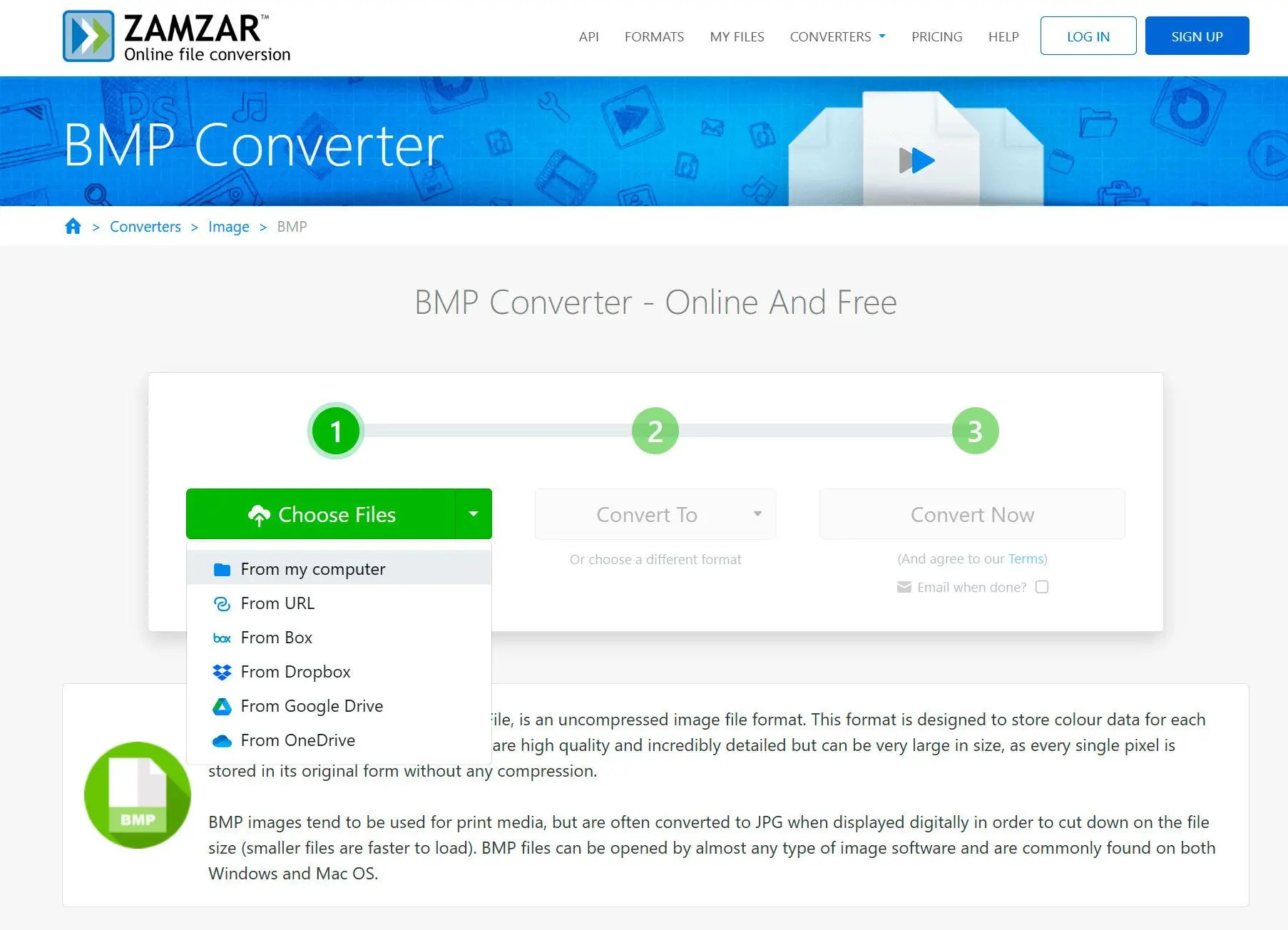 Zamzar bmp a jpeg convertidor en línea..
