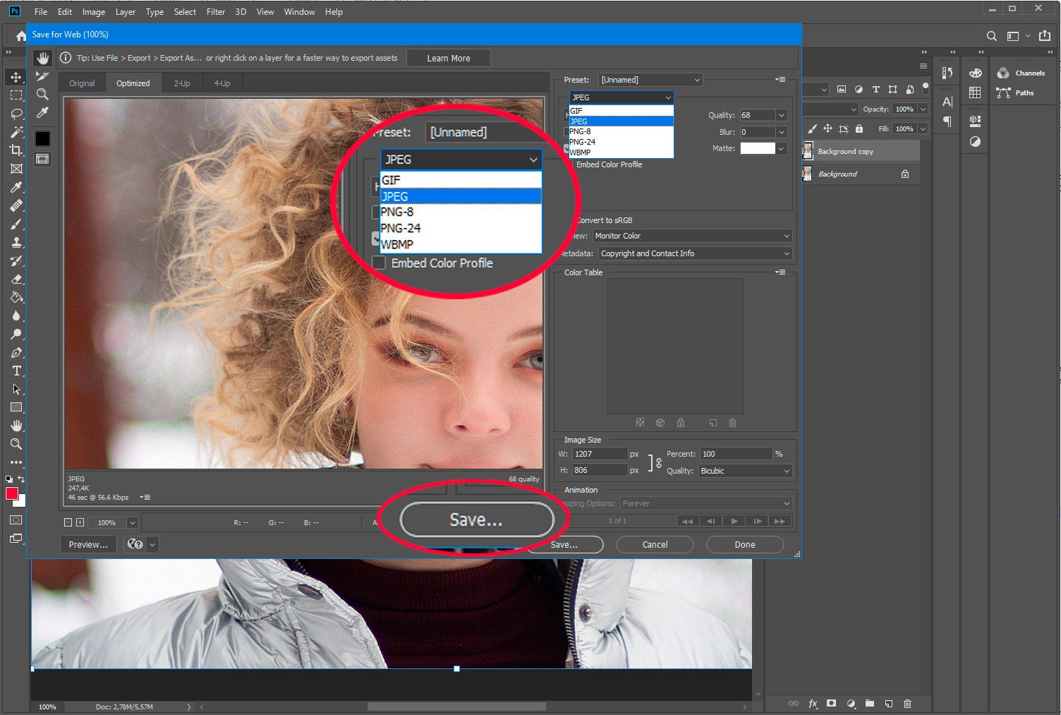 Adobe Photoshop. guardar PSD para web en jpg..