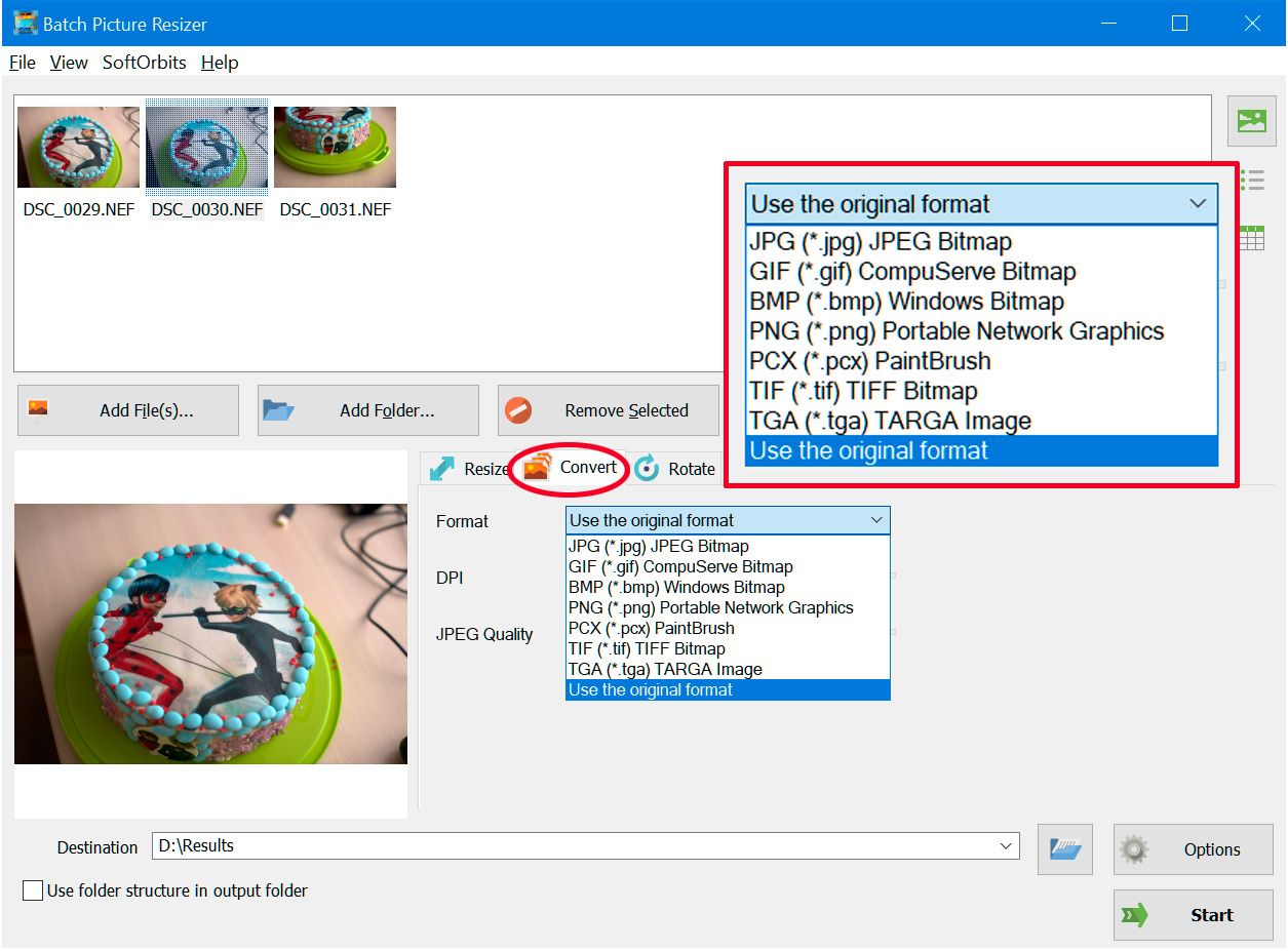 Select output format to save raw as..