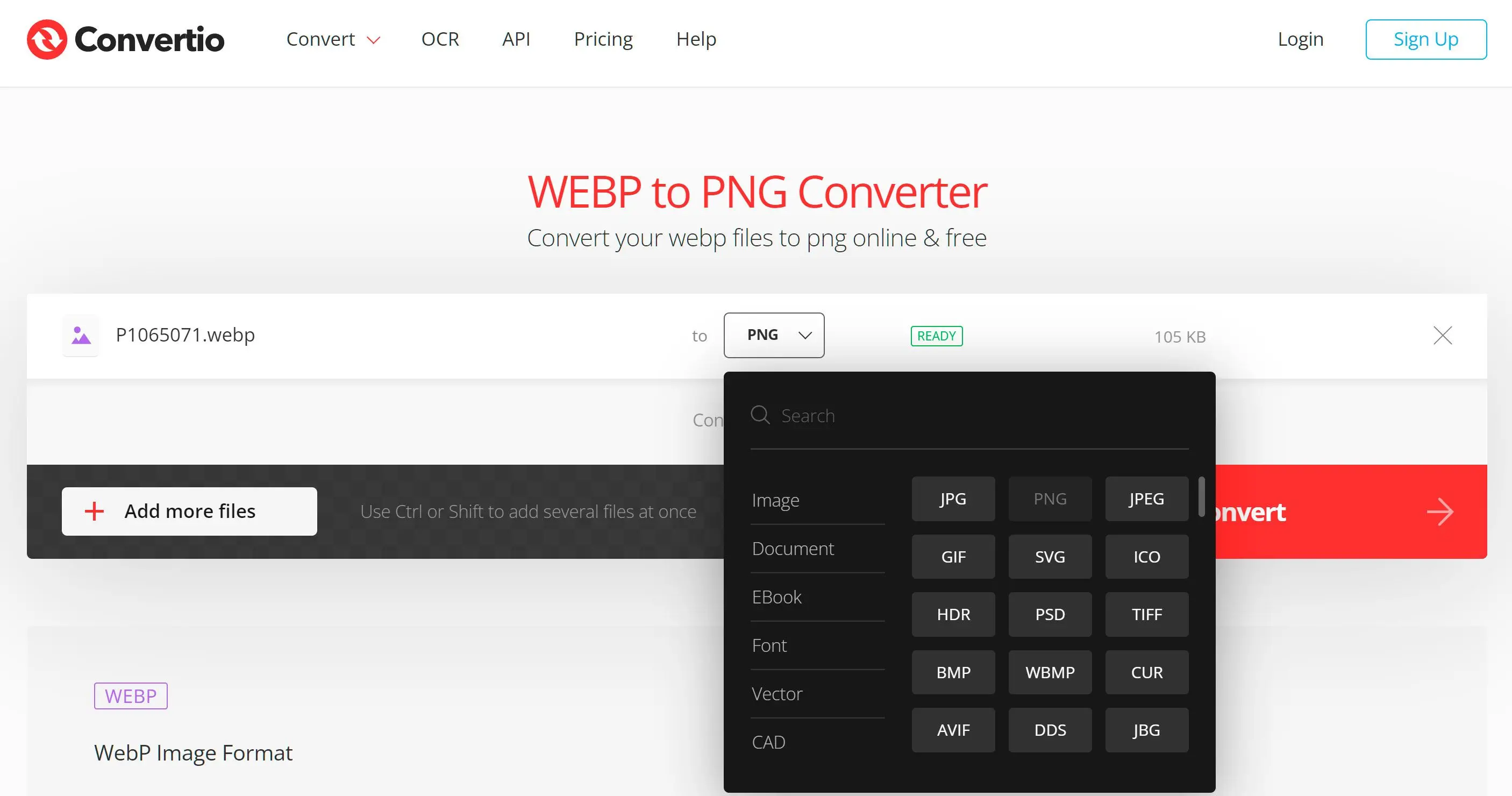 Seleccione el formato PNG para convertir desde WebP en línea..