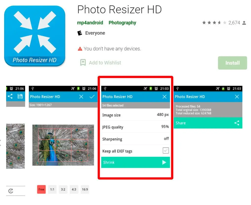 Redimensionador de imágenes en KB HD aplicación Android..