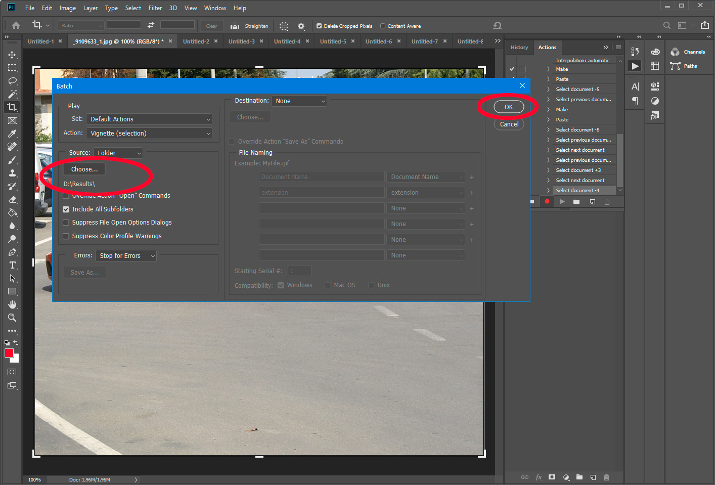 Iniciar acción de cambio de tamaño de imagen en Photoshop.