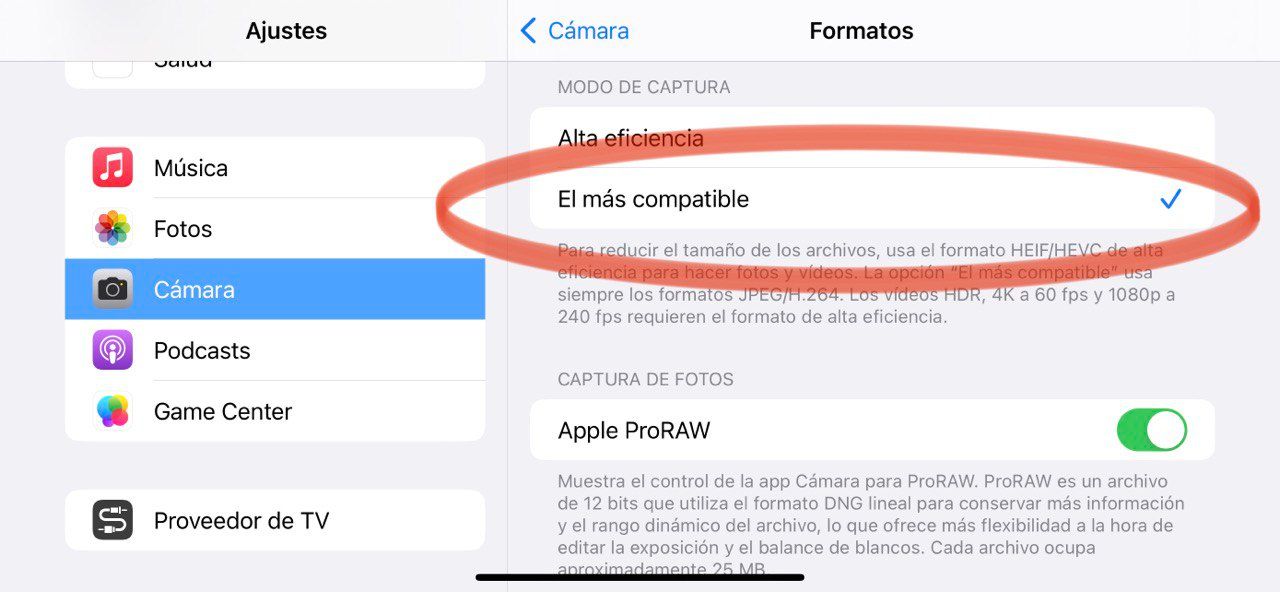 Formato JPG en la configuración de la cámara de tu iPhone..