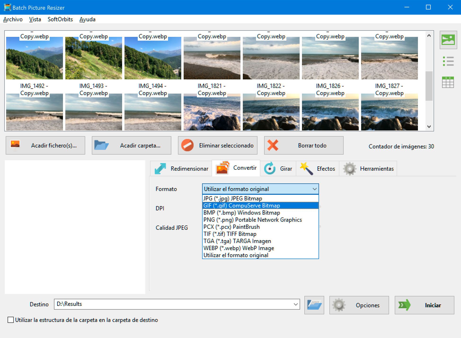 - Convierte rápidamente imágenes WebP a GIF con Batch Picture Resizer de SoftOrbits.