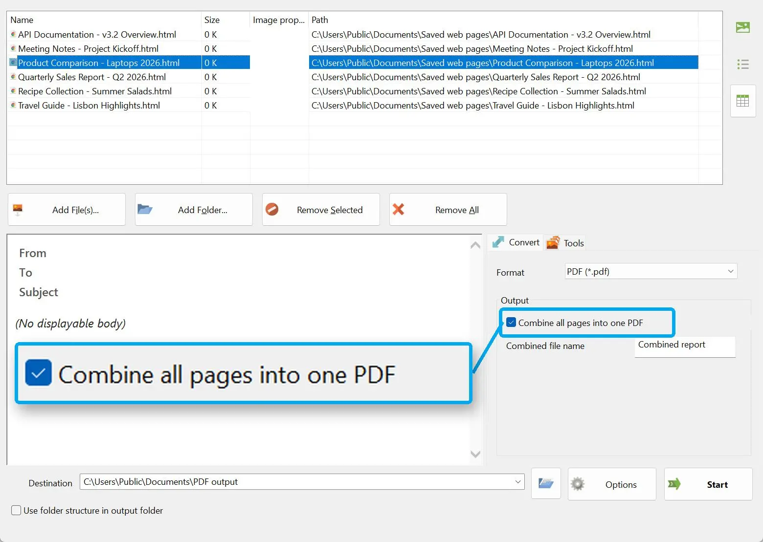 Marcar la casilla Combinar todas las páginas en un solo PDF.