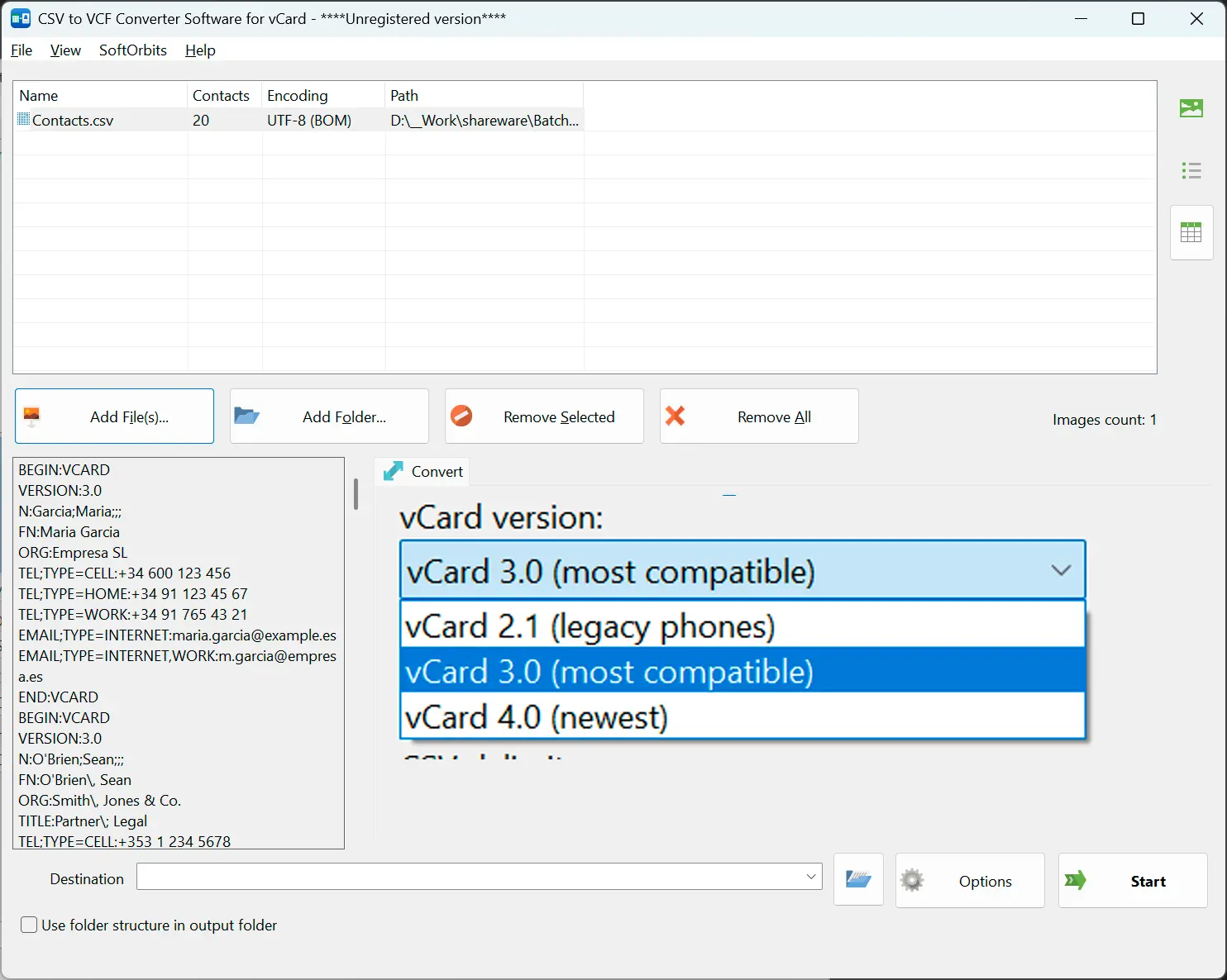 Mapear las columnas, elegir una versión de vCard.