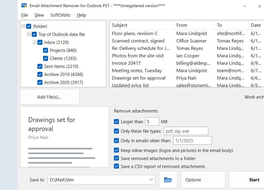 Email Attachment Remover for Outlook PST Captura de pantalla.