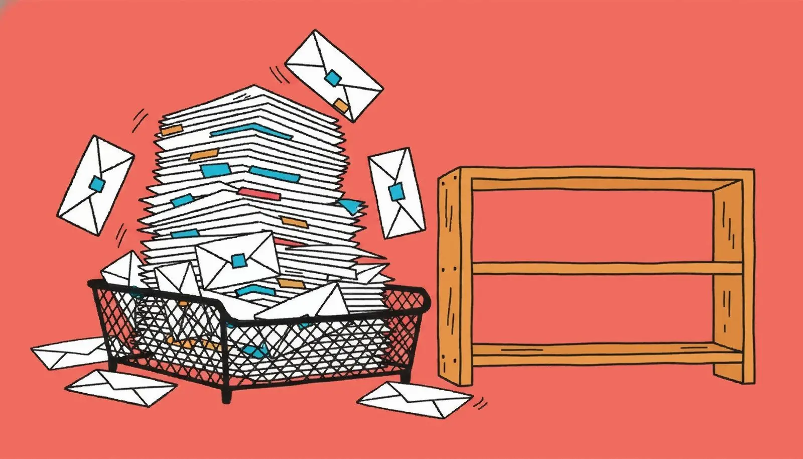 Una bandeja de correo desbordada junto a un estante vacío.