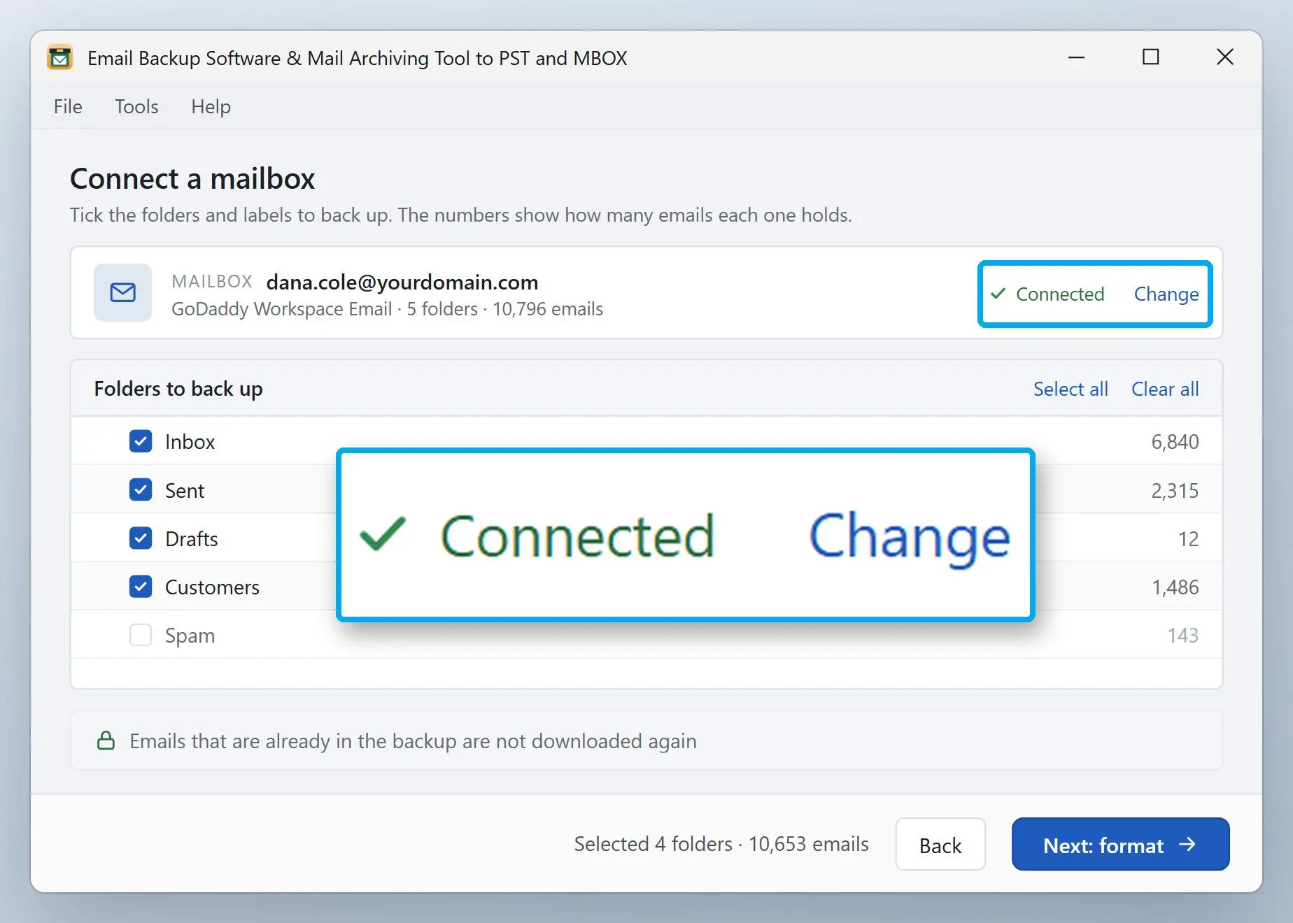 Email Backup Software & Mail Archiving Tool to PST and MBOX Captura de pantalla.