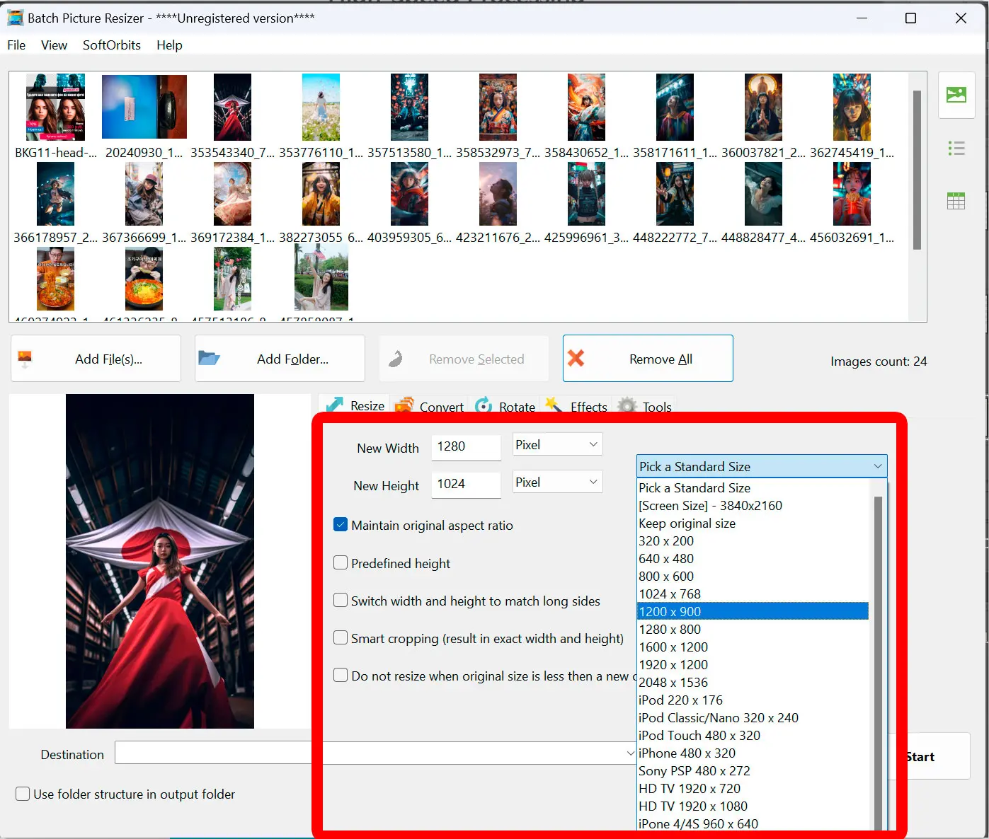 Establecer los tamaños de destino.