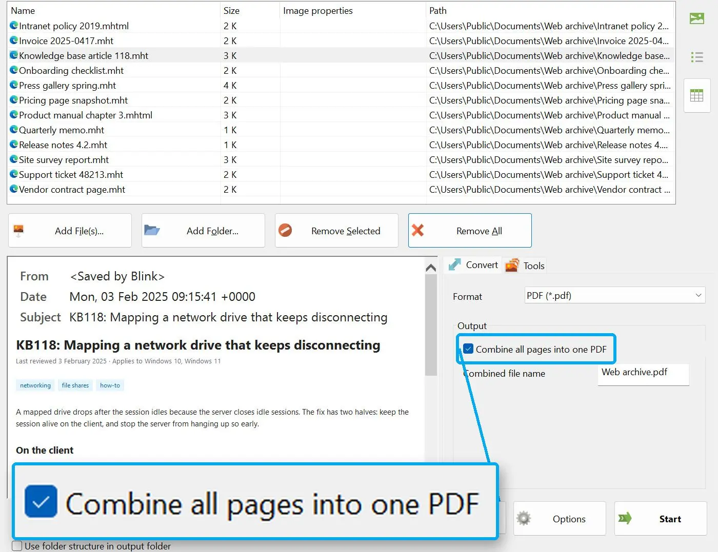 Cómo configurar la combinación de archivos.