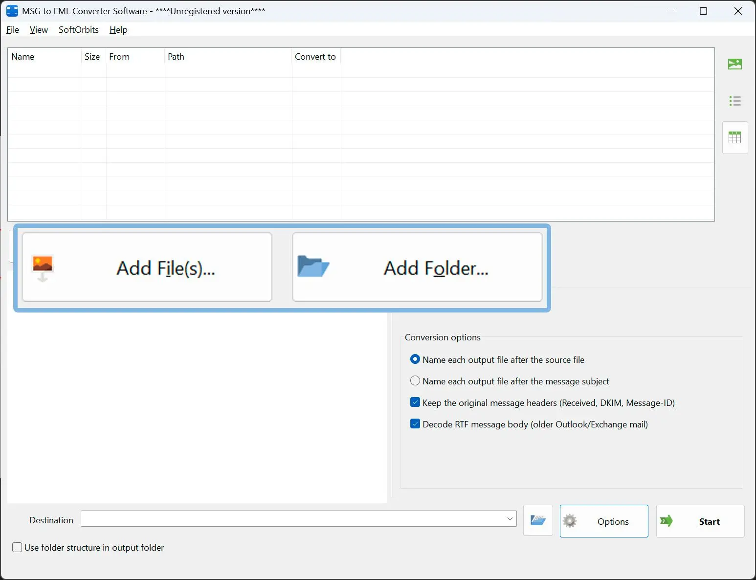 Cargue sus archivos .MSG y .EML.