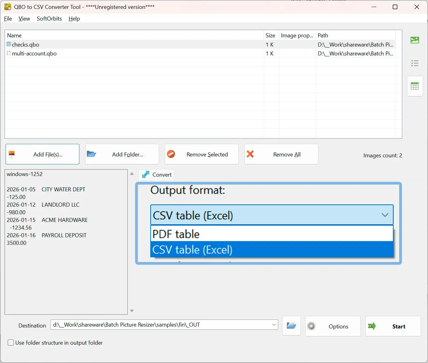 Seleccione CSV como formato de salida.
