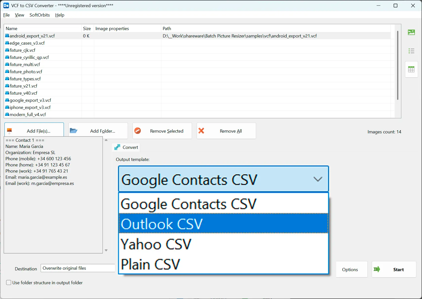 Elige un preajuste y opciones de CSV.
