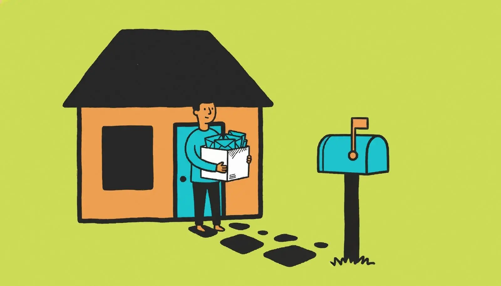 Una persona saliendo de una casa con una caja de cartas bajo el brazo.